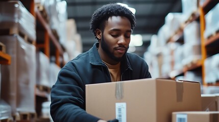 Poster - African American person working to shipping box package by order in logistic warehouse black male work in delivery distribution job service in storage factory man checking good of indu : Generative AI