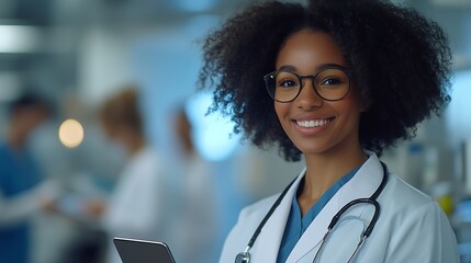 Poster - Female doctor portrait and smile with tablet in hospital or workplace with lens flare Communication technology and medical research for innovation in medicine with happy healthcare pro : Generative AI