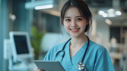 Poster - Reading woman and tablet in office doctor and medical diagnosis online healthcare and hospital Clinic stethoscope and employee with uniform medicine and smile for notes typing and sche : Generative AI