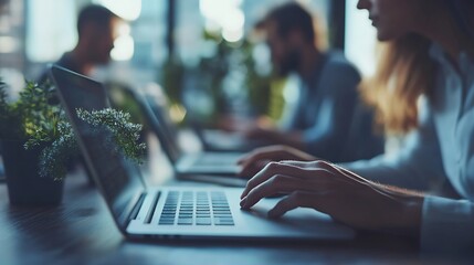 Leinwandbilder - Team of business people collaborates using laptop and modern technology Snapshot captures the essence of a professional business meeting where individuals come together as a cohesive w : Generative AI