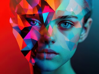 Wall Mural - Vibrant Abstract Portrait of a Woman with Geometric Shapes and Colorful Lighting Effects