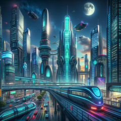 Futuristic cities with advanced technology, with diversity, with robots, lights, flying cars, architectural beauties.