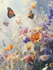 Wall Mural - Butterflies flutter around a colorful bouquet of wildflowers in a peaceful meadow illuminated by warm sunlight. Generative AI