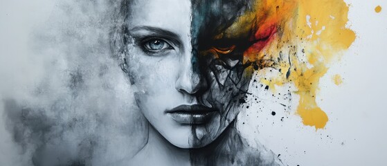 Wall Mural - Abstract Artistic Portrait of a Woman with Dual Faces in Black and White and Colorful Paint Splashes