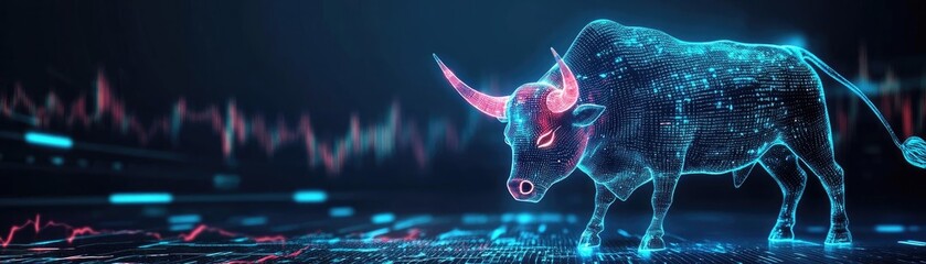 Wall Mural - A digital representation of a bull, symbolizing strength and market trends, amidst vibrant neon graphics and financial data.