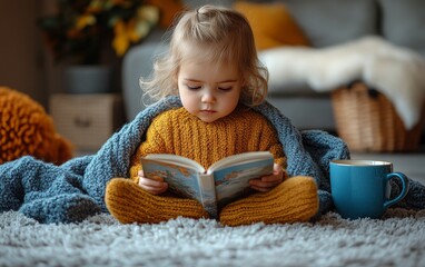 little girl sitting on a chair with a book