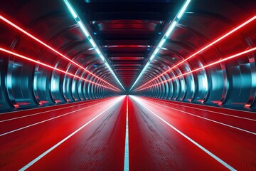 Futuristic tunnel illuminated with vibrant red and blue lights leading towards a bright endpoint, creating a mesmerizing perspective.