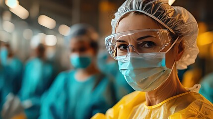  Healthcare worker in full protective gear, including mask, gloves, and goggles, symbolizing dedication to safety and patient care in a hospital.