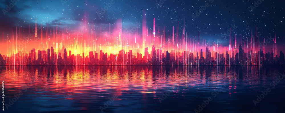 As sunset casts a warm glow, a modern city skyline emerges with digital ...