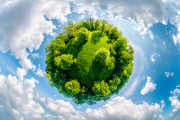 a 360 degree view of a small green planet with a grassy field, trees and a blue sky with white cloud