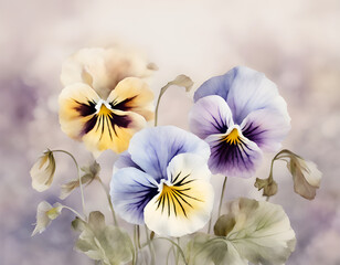 Wall Mural - watercolor Delicate pastel flowers. Delicate, half translucent dried pansies background with vintage feel Background