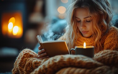 A serene scene of a person reading by candlelight, wrapped in a blanket, 