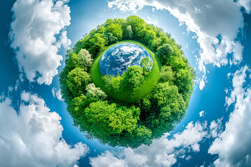 A miniature planet Earth surrounded by lush green trees and clouds against a bright blue sky, representing the importance of nature and sustainability.