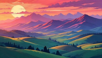 A colorful landscape with rolling hills, mountains,vibrant sky with clouds. The serene and picturesque scene. High quality digital ai illustration