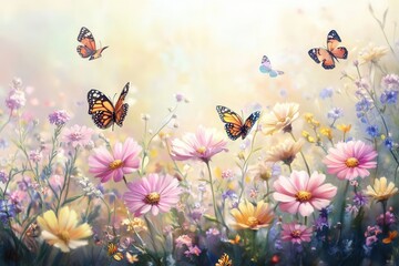 Poster - Colorful wildflowers bloom in a sunny meadow while butterflies flutter joyfully around them, creating a lively atmosphere. Generative AI