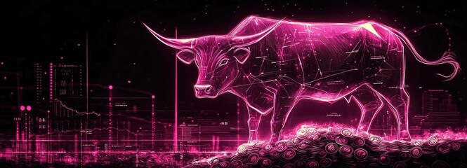 A digital illustration of a glowing pink bull representing strength and power in a futuristic environment.