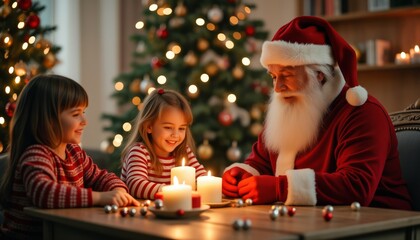 Wall Mural - A heartwarming Christmas scene of Santa Claus with two young children, lighting candles in a cozy, festively decorated room.