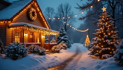 Wall Mural - A cozy Christmas scene featuring a snow-covered house with warm lights glowing inside and outside, and a decorated Christmas tree in the front yard.