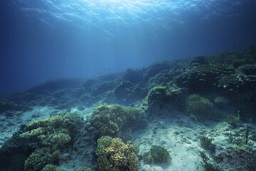 Underwater. Underwater Background Of The Ocean Bottom. Dark blue ocean surface seen from underwater. Underwater with fishes. Turquoise ocean water with sandy bottom underwater. Underwater world.