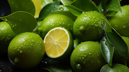 Fresh limes and leaves with water drops. Top view of fresh limes and leaves with water drops as background. Highlights vibrant colors and refreshing natural elements.