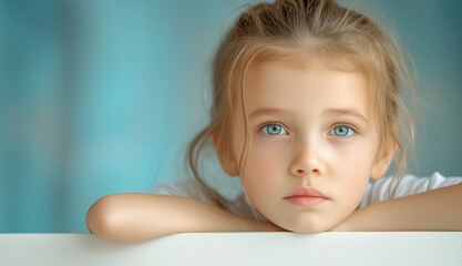 Young girl with blue eyes resting her chin on her hands