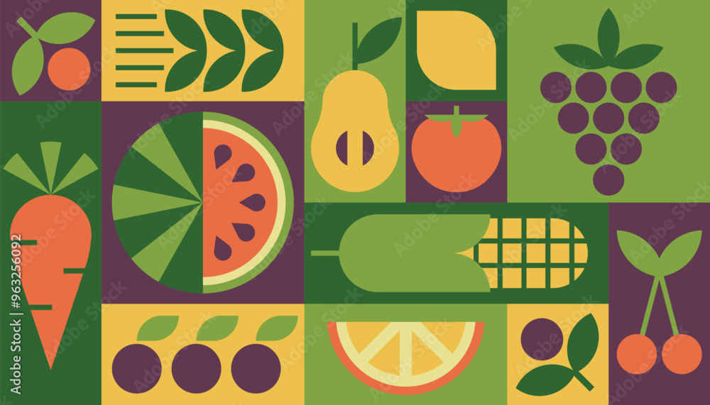 Background vector geometric healthy food fruits vegetables menu ...