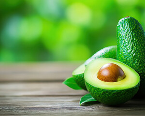 Fresh avocado halves on wooden table with lush green background, showcasing its nutritious inner fruit and vibrant skin.