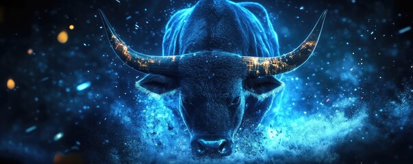 Wall Mural - A striking digital artwork of a blue bull emerging from splashes of light, symbolizing power and strength in a vibrant display.