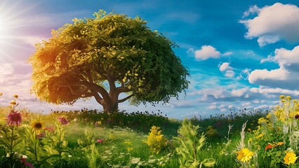 Wall Mural - Sunny summer landscape panorama with tree. Clear and easy to use.