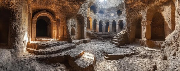 Ancient Lalibela rockhewn churches, Ethiopia  in a dramatic, wideangle shot with soft light highlighting the intricate stone carvings and deep historical significance of the site