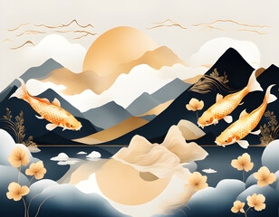 Wall Mural - A group of gold koi fish Abstract mountain and golden line arts background