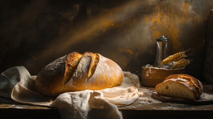 Wall Mural - A Freshly Baked Loaf of Bread with Slices on a Wooden Table