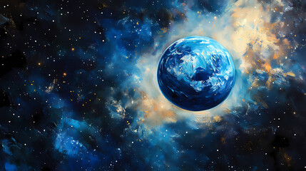 blue planet in space, stars and a nebula background, floating in the vast expanse with vivid colors 