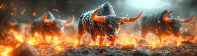 A dramatic scene featuring fierce bulls emerging from flames, embodying strength and power in a fiery landscape.