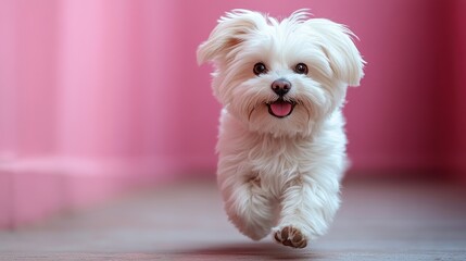 A playful white dog joyfully running in a bright space.