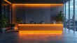© tunanon - A minimalist reception desk with warm lighting, set in a contemporary office space.