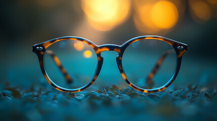 A pair of glasses with tortoise shell frames, placed on the green grass ground against a blurred background of blue and yellow lights