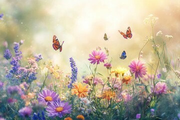 Sticker - A lively display of wildflowers attracts butterflies in a sunny meadow, celebrating the beauty of nature on a warm day. Generative AI