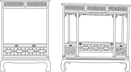 Poster - Vector sketch illustration of the silhouette of a furniture design, table and chairs, full of ornate carving ornaments, vintage, classic, ethnic, traditional, modern, Chinese