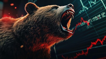 a roaring bear symbolizes financial market volatility against a backdrop of market graphs and data a