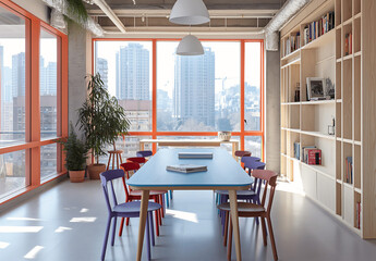 Bright and colorful office meeting room with modern furniture, large windows, and city views, creating a vibrant and creative workspace