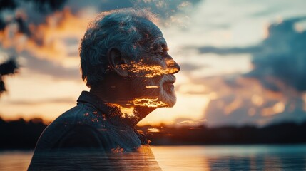 Wall Mural - Serene Elderly Man Meditating for Stress Relief in Double Exposure Silhouette with Calm Evening Hues - Close Up with Copy Space