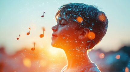 Wall Mural - Tranquil Young Boy Listening to Calming Music Double Exposure Silhouette with Floating Musical Notes - Peaceful Close Up Profile View