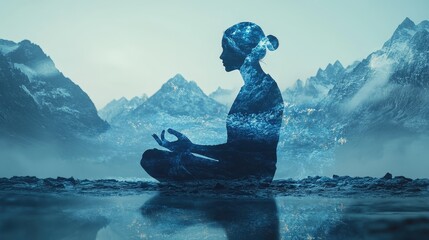 Wall Mural - Tranquil Professional Meditating Against Double Exposure of Mountain Range in Cool Blue Tones. Close Up with Copy Space.