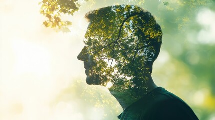 Wall Mural - Tranquil Senior Man Walking in Nature for Stress Relief - Double Exposure Silhouette in Soft Green Tones with Copy Space