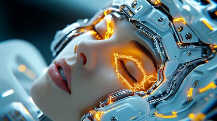 A cyborg woman�s circuitry pulses with light under a futuristic helmet.