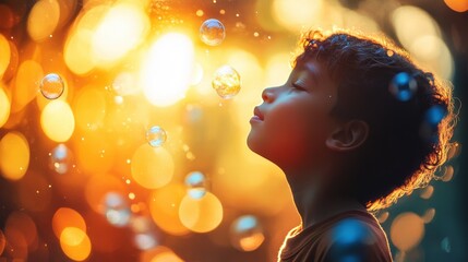 Wall Mural - Tranquil Young Boy Practicing Mindfulness with Double Exposure Silhouette and Floating Bubbles for Calmness. Serene Close-up Portrait in Soft Tones with Copy Space.