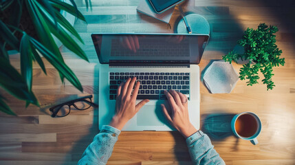 person typing on a laptop above view