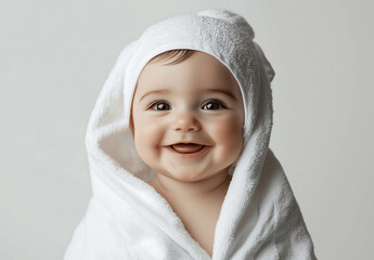 adorable baby wrapped in a white towel, smiling happily, with soft lighting and a neutral background