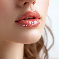 woman lips with lip gloss close-up on white backdrop 